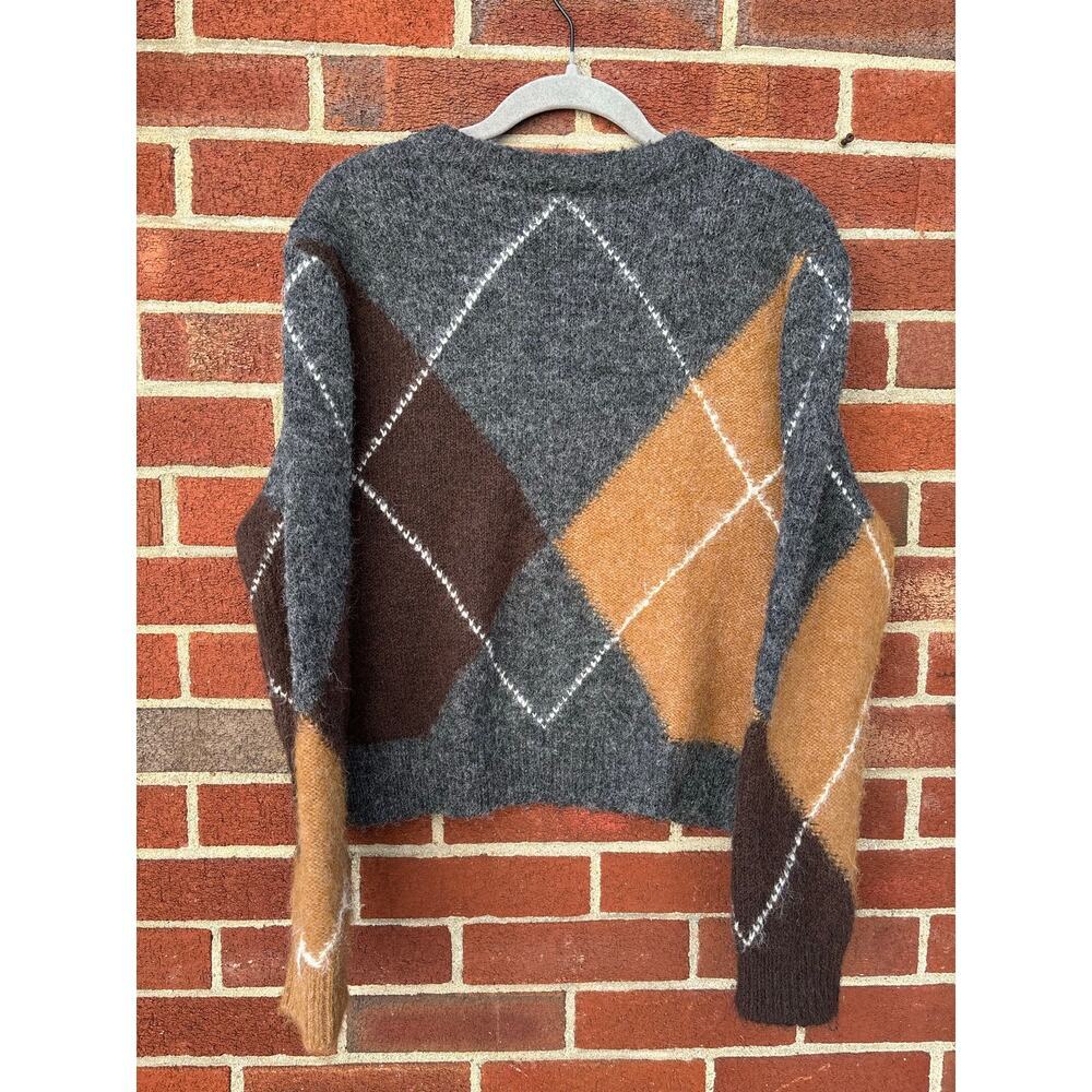 Zara Argyle Knit Sweater Gray Brown Diamond Pattern Soft Fuzzy Womens M - Picture 6 of 8